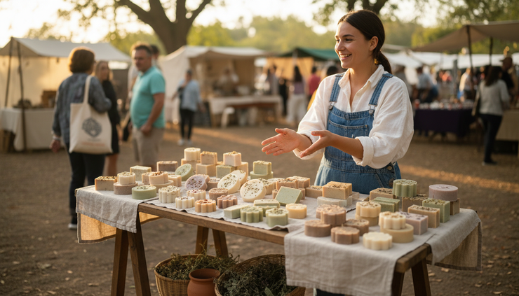 Wide-angle view of a small outdoor market stall with handmade goods