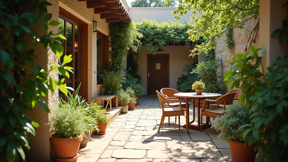 Wide angle view of a cozy guesthouse patio with plants and seating