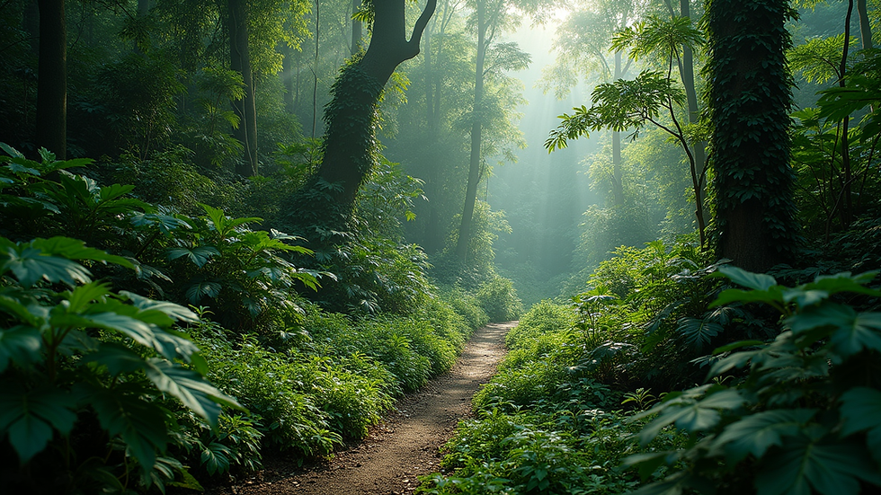 High angle view of a lush green tropical rainforest with a winding trail