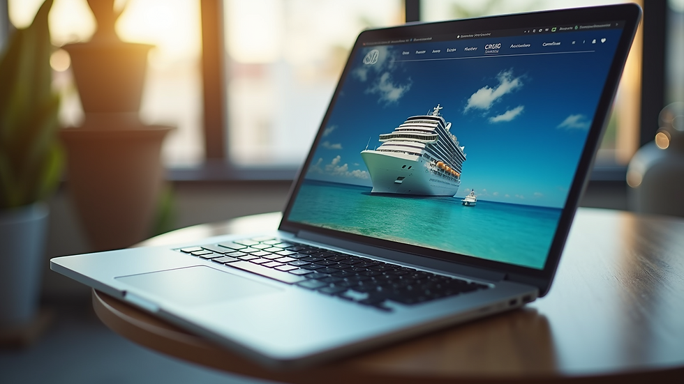 Eye-level view of a laptop screen showing a cruise booking website