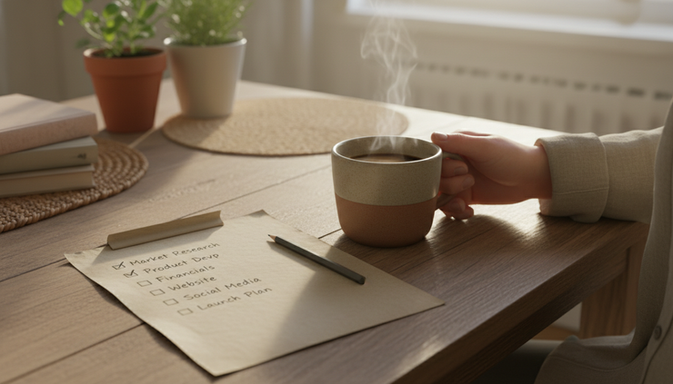 Close-up of a handwritten checklist beside a steaming mug on a kitchen table