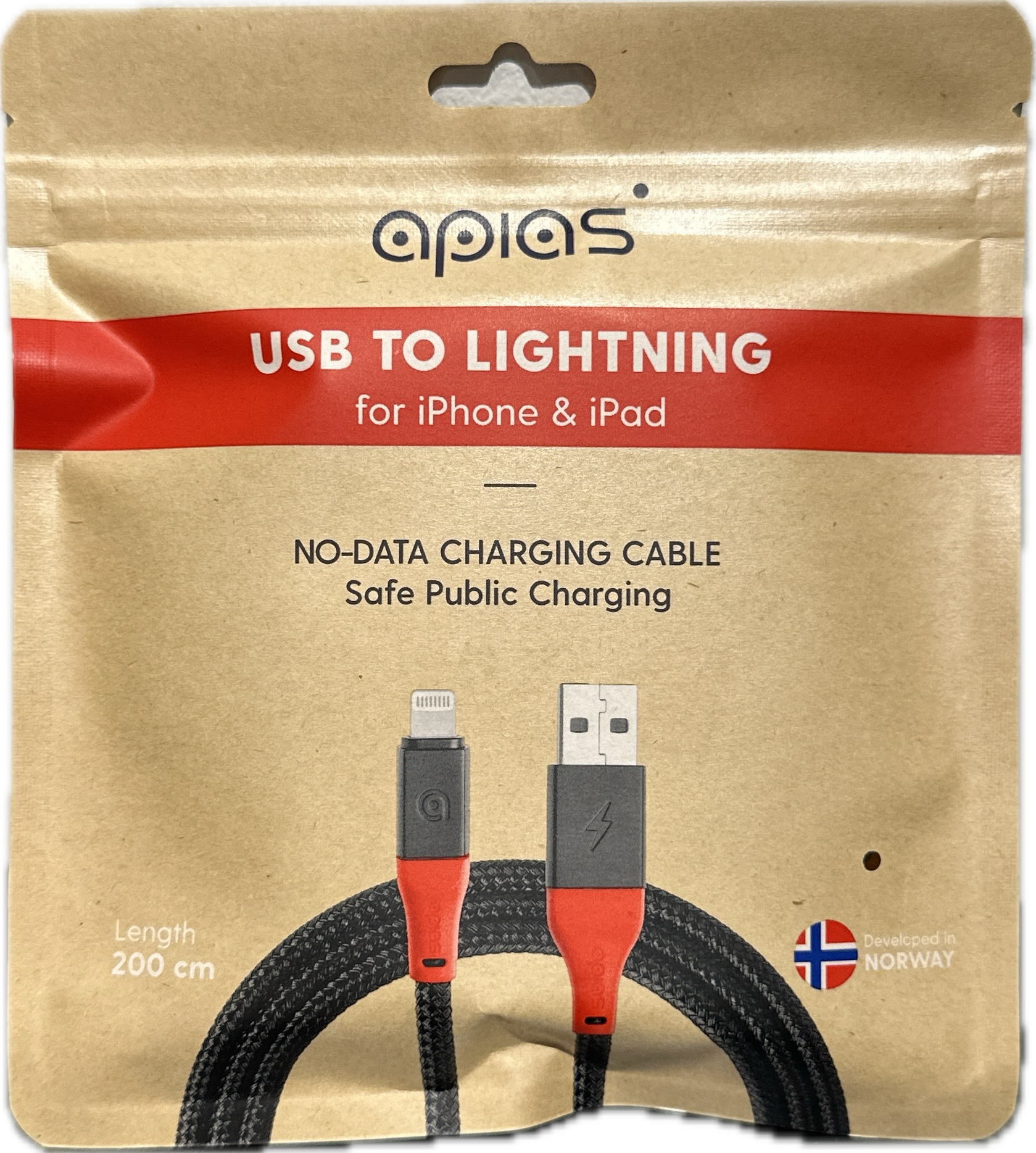 Sikkerhetskabel til Apple, USB-A til Lightning, 2 meter