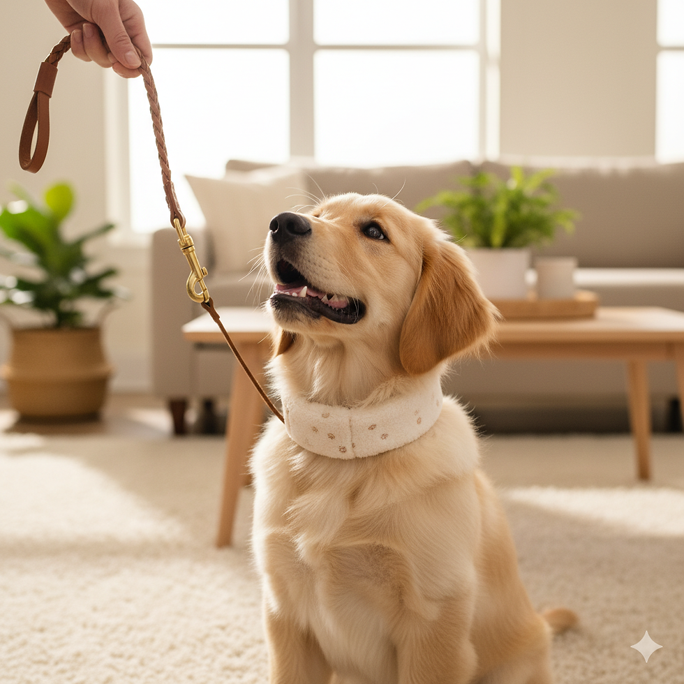 Puppy happily being introduced to a leash indoors