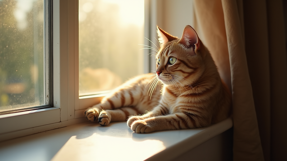 Close-up view of a cat lounging elegantly on a sunlit windowsill