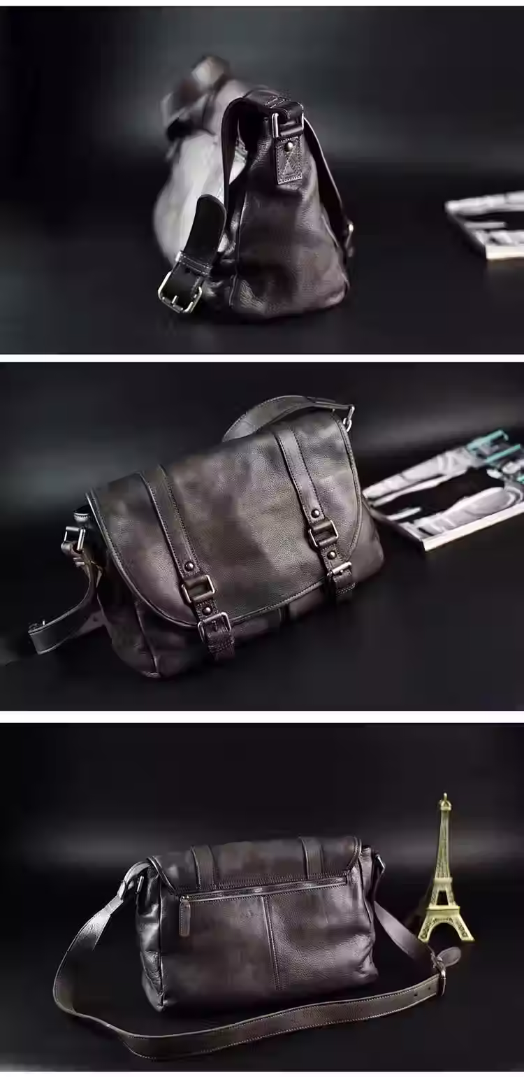 Thumbnail: Black Heritage Leather Messenger Bag – Premium Edition laid flat, front view.