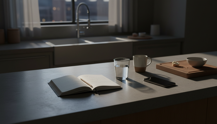 Wide-angle view of a dim kitchen counter with an open notebook and a half-finished glass of water at night