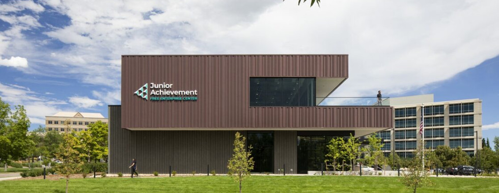 Wide shot of front of Junior Achievement building