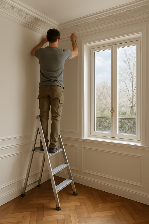 Artisan préparant des travaux de rénovation dans un intérieur de bâti ancien
