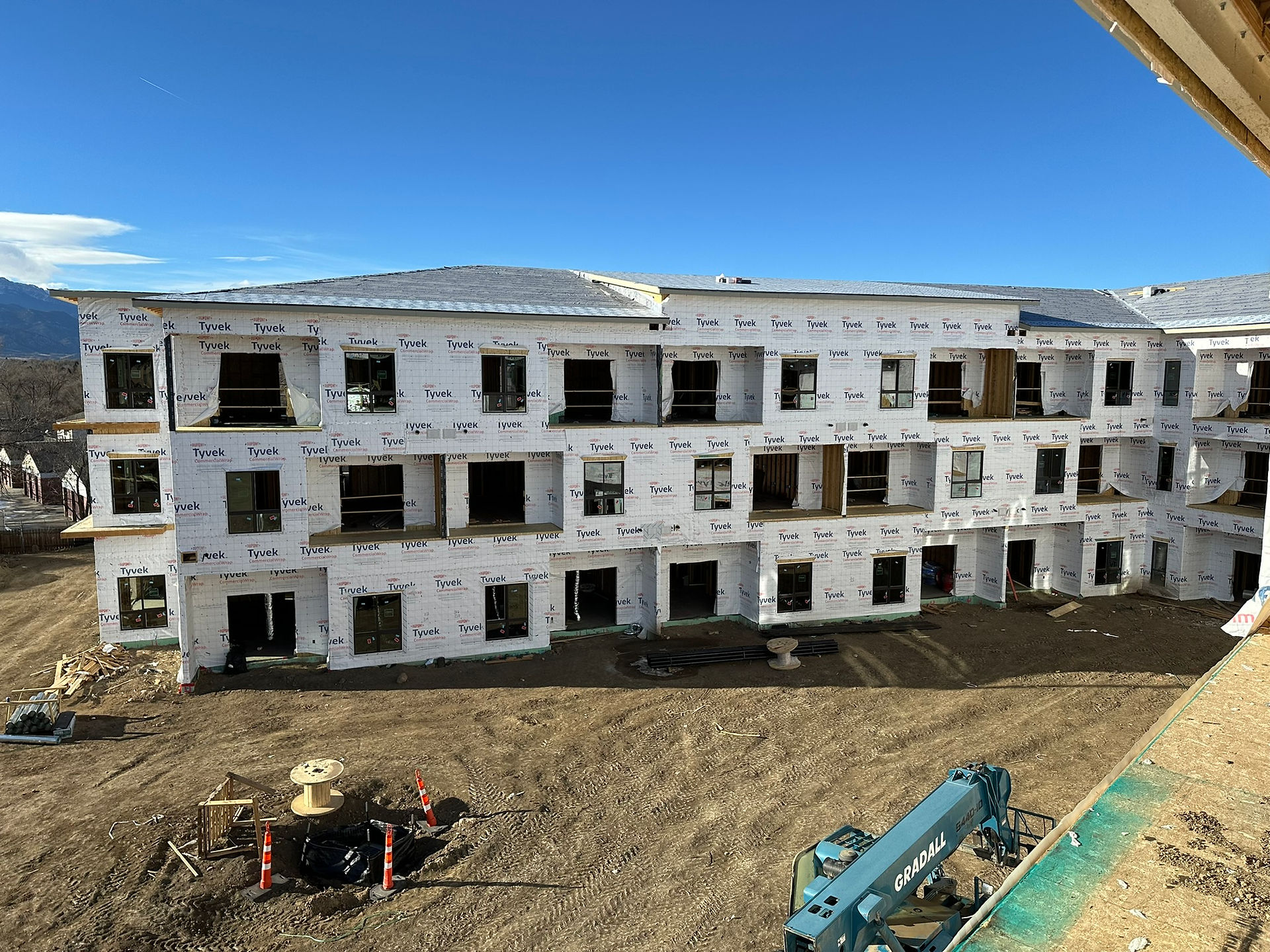 Wide angle of exterior of apartment building