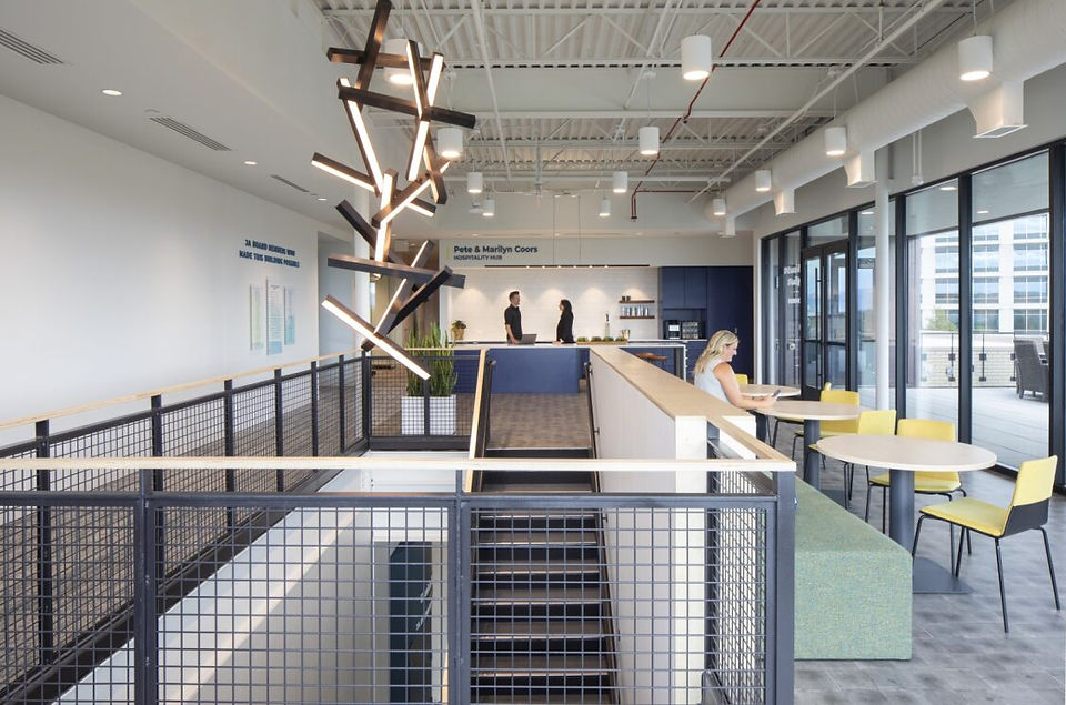 Upstairs level of building with open workspaces and staircases 