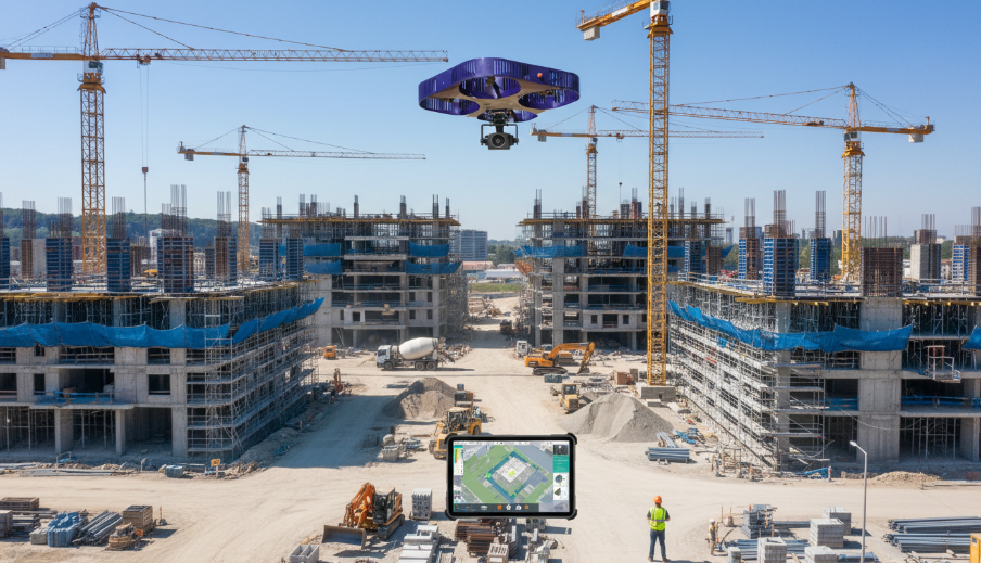 Drone providing real-time site intelligence over a large construction project while a manager reviews live data on a tablet
