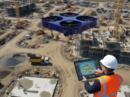 Drone capturing real-time aerial data over a large construction site while a manager reviews 3D site maps and progress metrics on a tablet