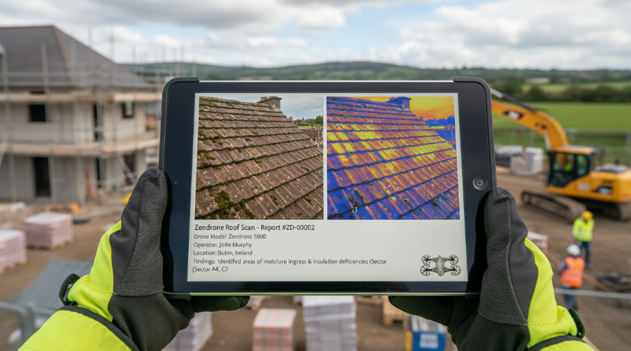 Mobile device displaying drone-generated roof inspection report with thermal and visual imagery.