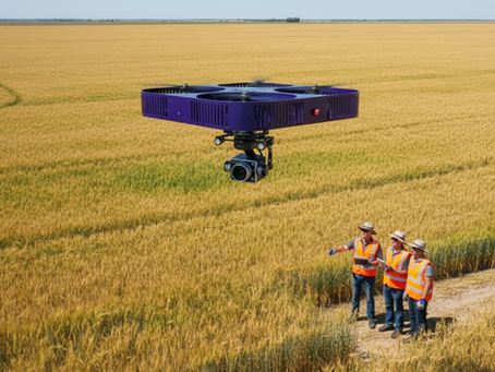 Drone conducting an aerial survey over a wheat field, capturing high-resolution images to detect crop stress and variations in plant health.