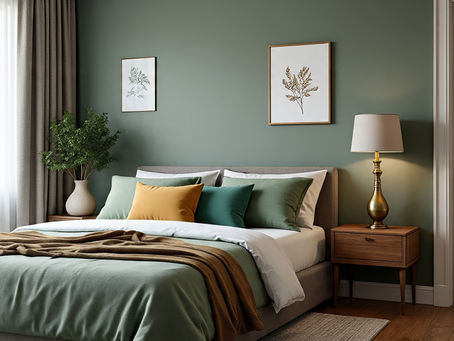 Bedroom (Ai) image of the following: Sage Memory colored accent wall and curtains, Â a Weathered Linen colored area rug and bedding, Â a Dewy Moss colored lush throw pillows and ceramic vase with a few raw wood framed pictures and an aged brass based lamp.