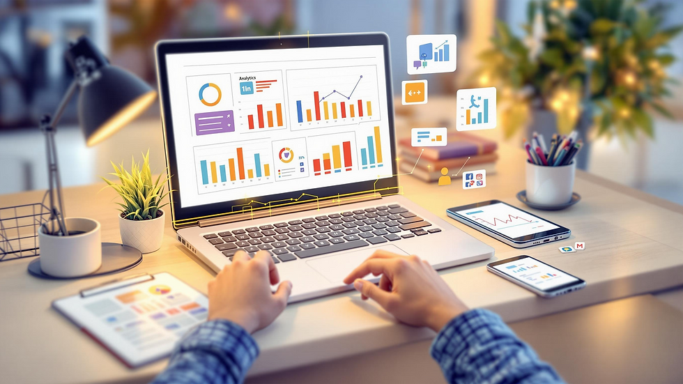 A laptop screen showing a social media marketing dashboard with rising engagement, conversions and ROI indicators