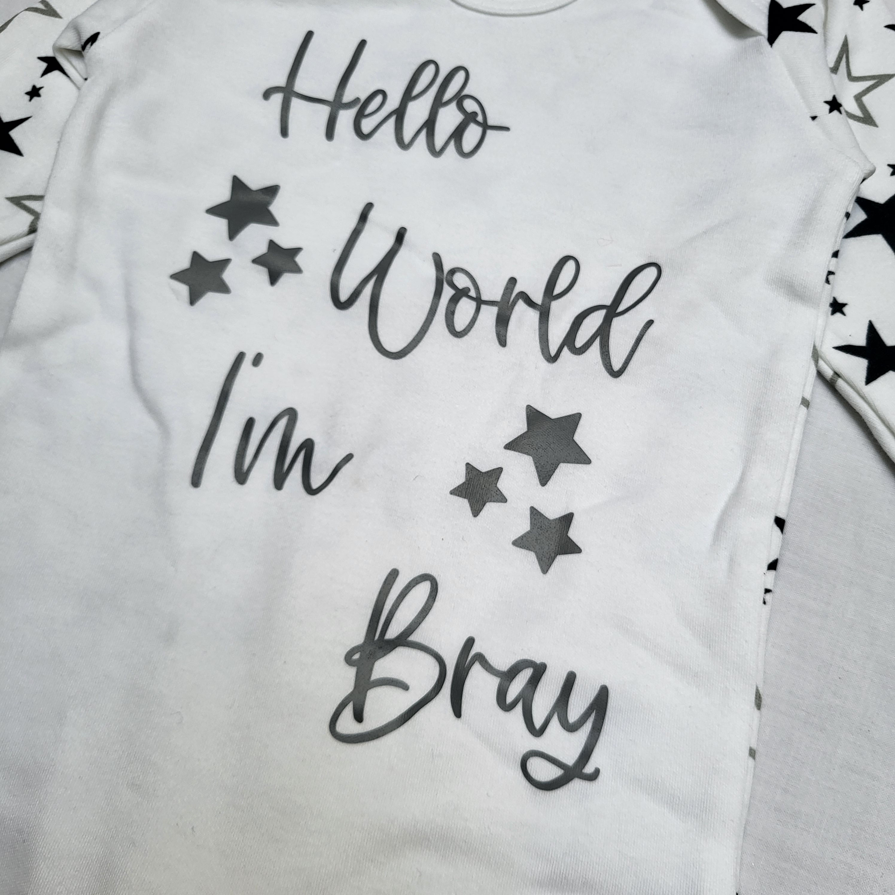 Pre-Customised "Hello World I'm Bray" Star Print Babygrow