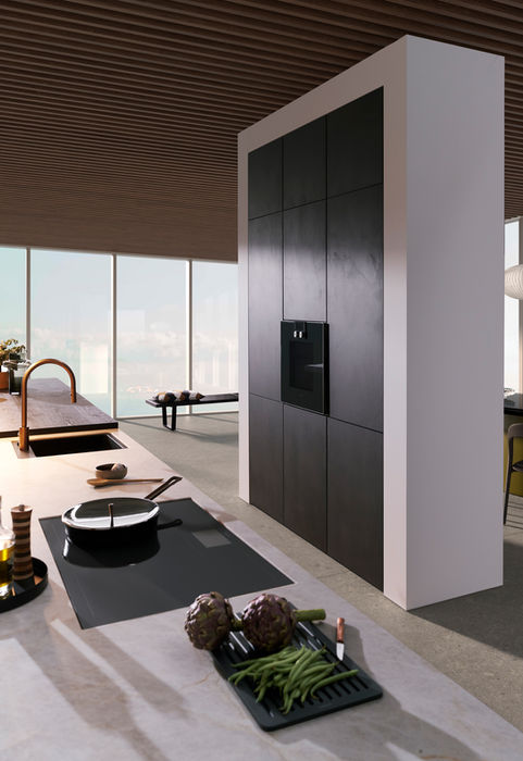 Modern kitchen with sleek concrete kitchen cabinets and a minimalist design