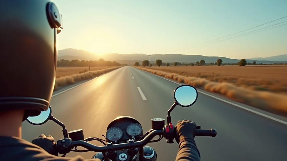 Vue en plongée d'un casque de moto sur une route dégagée
