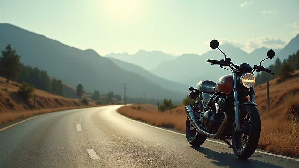 Wide angle view of a motorcycle parked on a scenic road