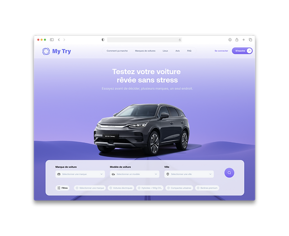 version automobile de la marketplace My Try – interface de réservation d’essais auto en ligne par marque, modèle et ville.