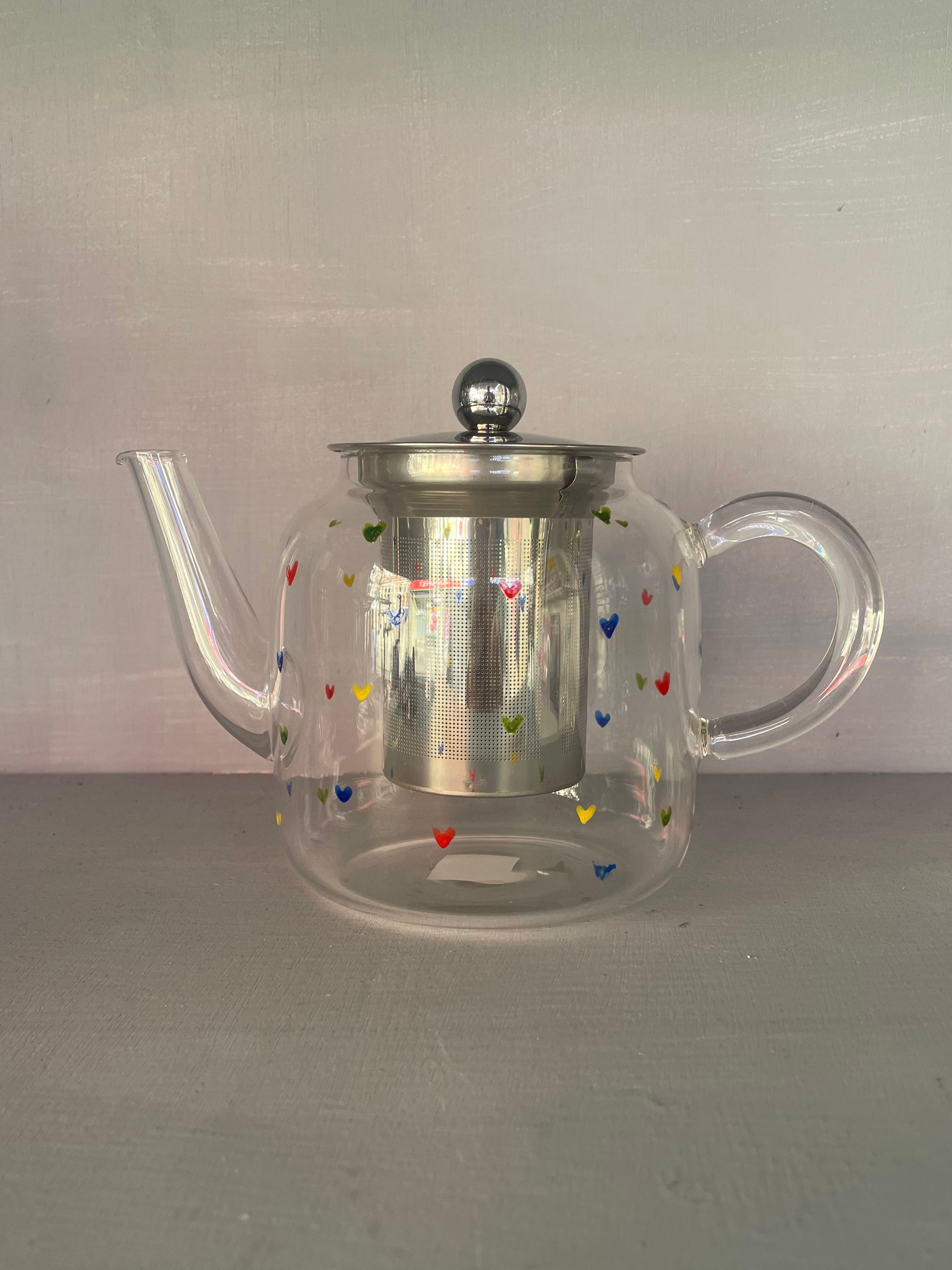 Rainbow Heart Glass Teapot with Stainless Steel Infuser