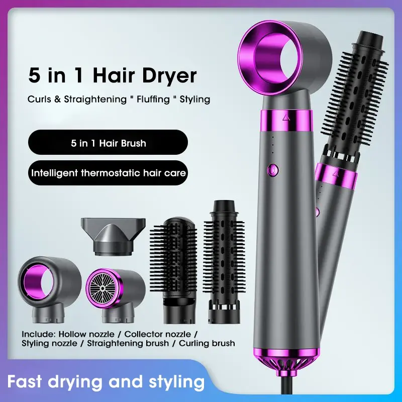 5-in-1 purplish-gray hair dryer and straightener set with multiple attachments for drying, curling, and styling.