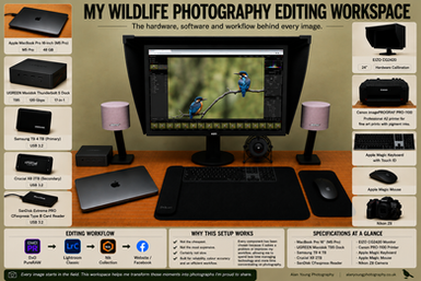 Infographic of Alan Young Photography's wildlife photography editing workspace showing an Apple MacBook Pro M5 Pro, EIZO ColorEdge CG2420 monitor displaying kingfishers, UGREEN Thunderbolt 5 dock, Samsung T9 SSD, Crucial X8 SSD, Canon imagePROGRAF PRO-1100 printer, Apple Magic Keyboard, Apple Magic Mouse and Nikon Z8 editing workflow.