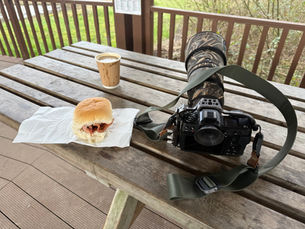 Nikon Z8 with NIKKOR Z 180-600mm lens, coffee and breakfast before a morning photographing kingfishers from a wildlife hide.