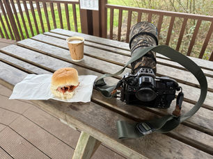 Nikon Z8 with NIKKOR Z 180-600mm lens, coffee and breakfast before a morning photographing kingfishers from a wildlife hide.