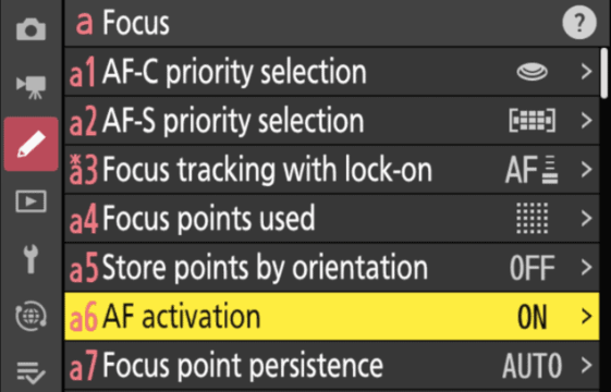 Nikon Z8 Custom Settings Menu showing autofocus options a1 to a7.