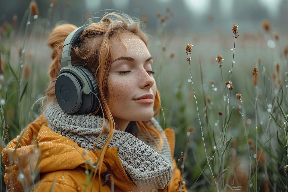 Young lady relaxing to music in nature