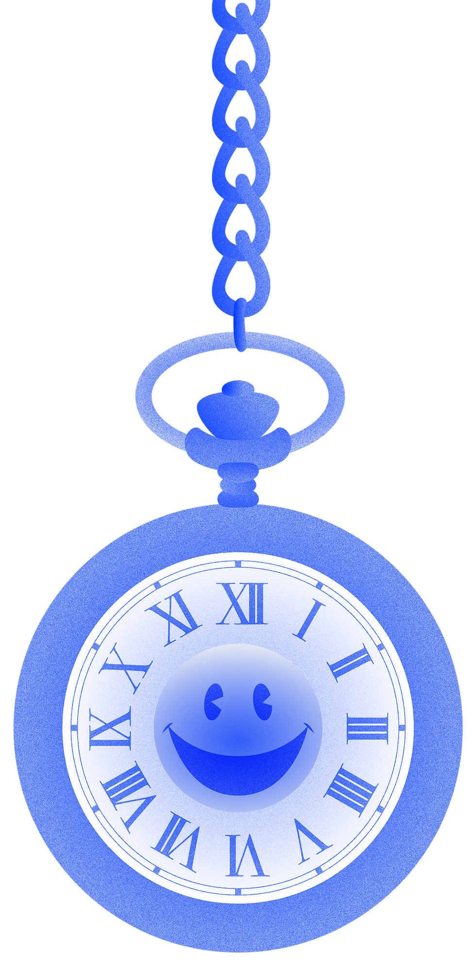 A pocket watch with roman numerals and a grinning smiley face in the middle.