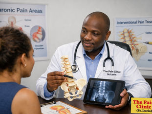 Doctor shows spine model and X-ray to a patient in a clinic. Posters detail pain areas and treatments. The clinic name is visible.
