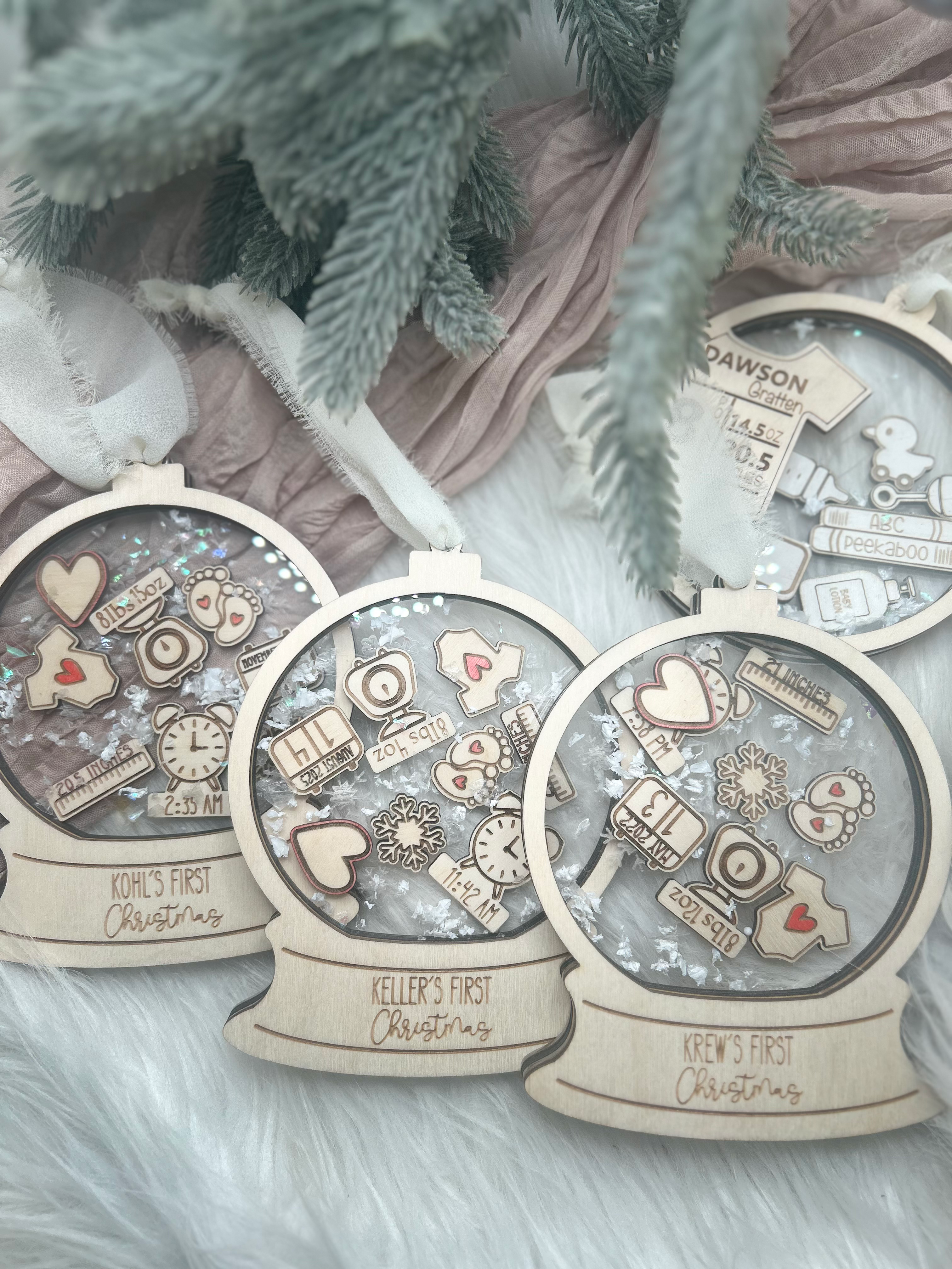 Shaker Baby Info Ornament- Snowglobe