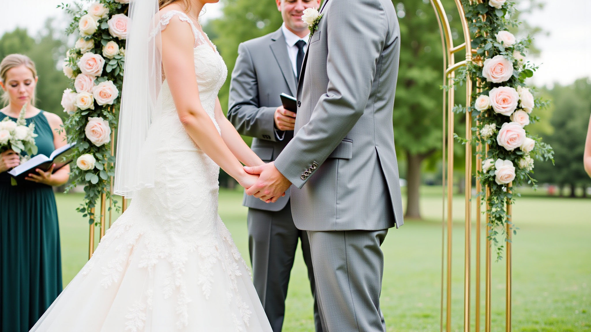 Couple holding hands during wedding ceremony with a smiling officiant in the background.