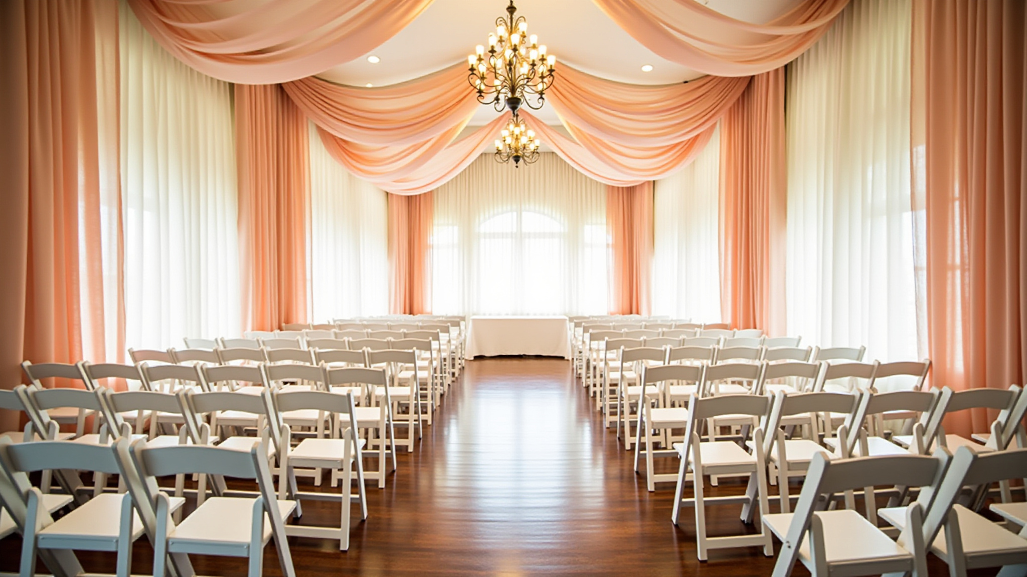 Wedding ceremony venue with white chairs, peach drapes, and a chandelier.