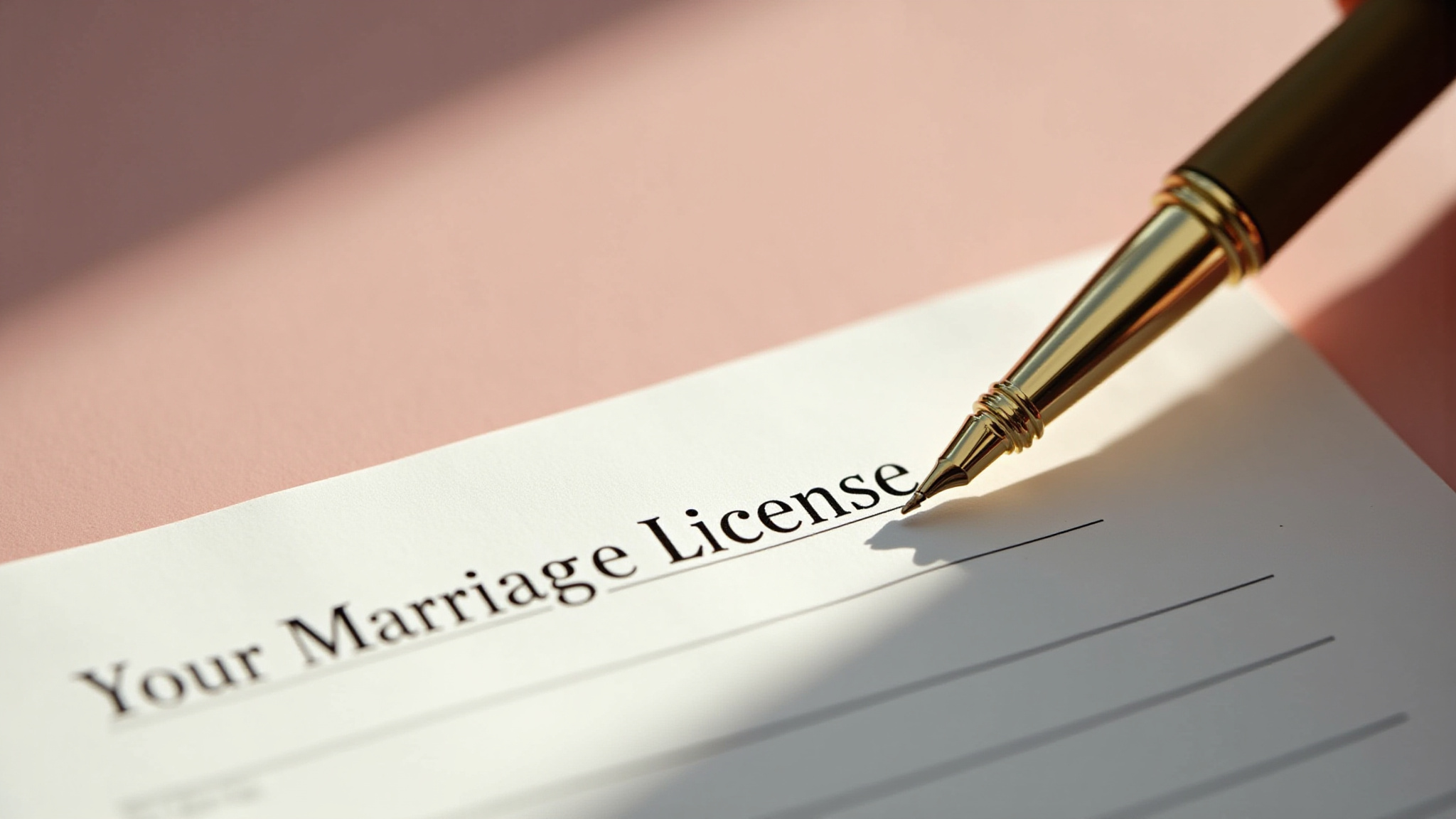 Fountain pen writing on a Marriage License document, close up view.