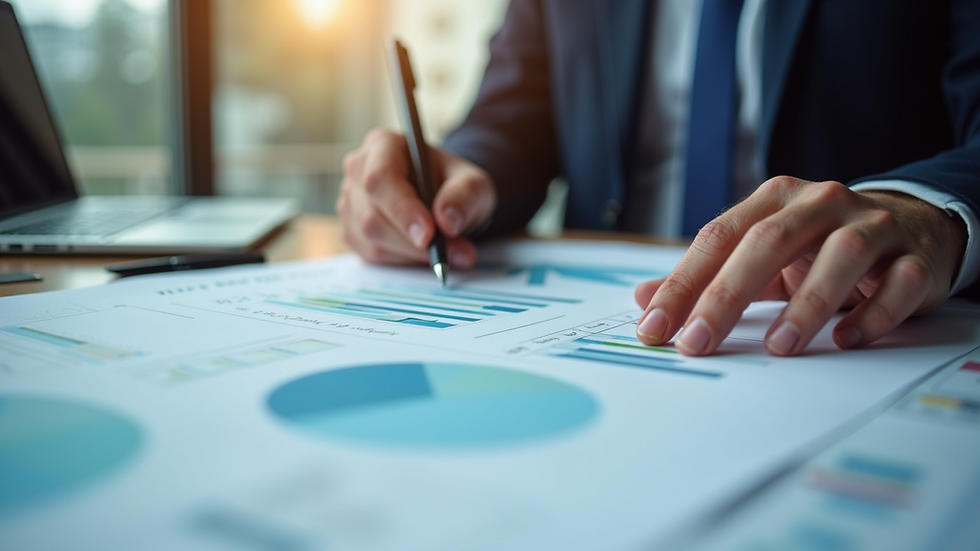 Eye-level view of a financial consultant reviewing investment charts