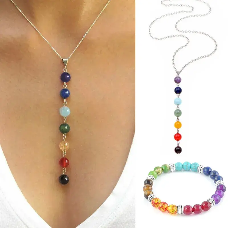 7 Chakra Balancing Gem Stone Beads Pendant Necklace