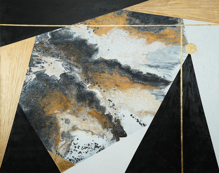 Abstract triptych painting in black, gold, and grey tones combining geometry and fluid texture.