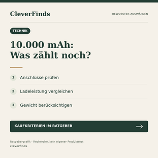 Ratgebergrafik: 10.000-mAh-Powerbank für Reisen und Alltag: 5 Kaufkriterien