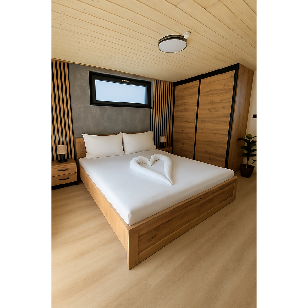 Schlafzimmer Tiny House Salzkammergut am Traunsee in Ebensee gemütliches Doppelbett