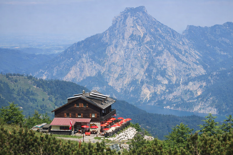 Kranabthhütte am Feuerkogel Bergpanaorama, Aussicht auf den Traunsee und Ebensee im Salzkammergut