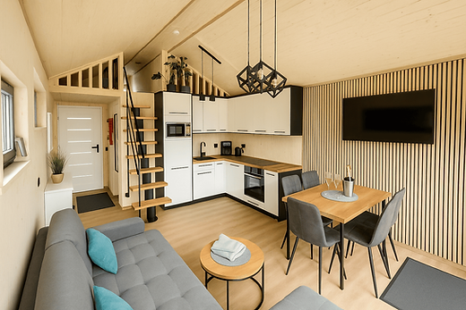 Living area and kitchen in a modern tiny house in Ebensee in the Salzkammergut region
