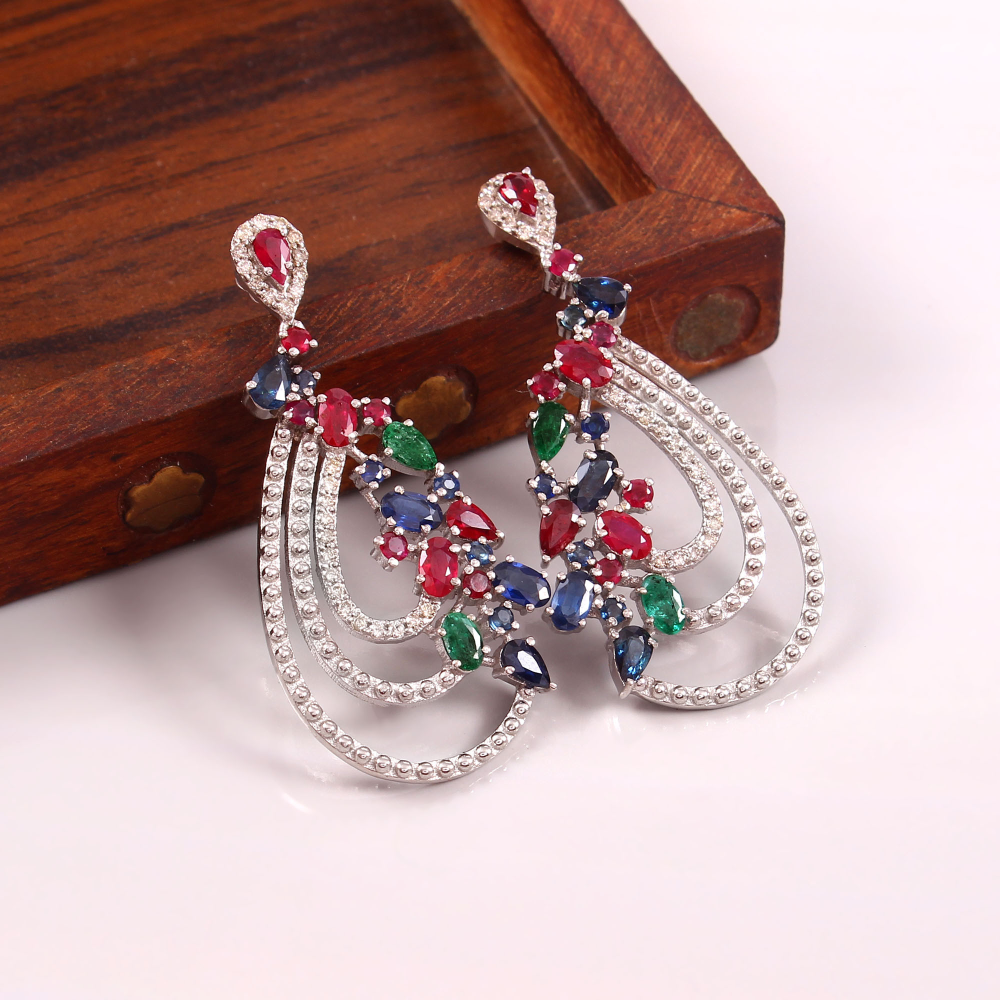 925 Sterling Silver Hanging Earrings Studded With MultiNatural Stones & Diamonds
