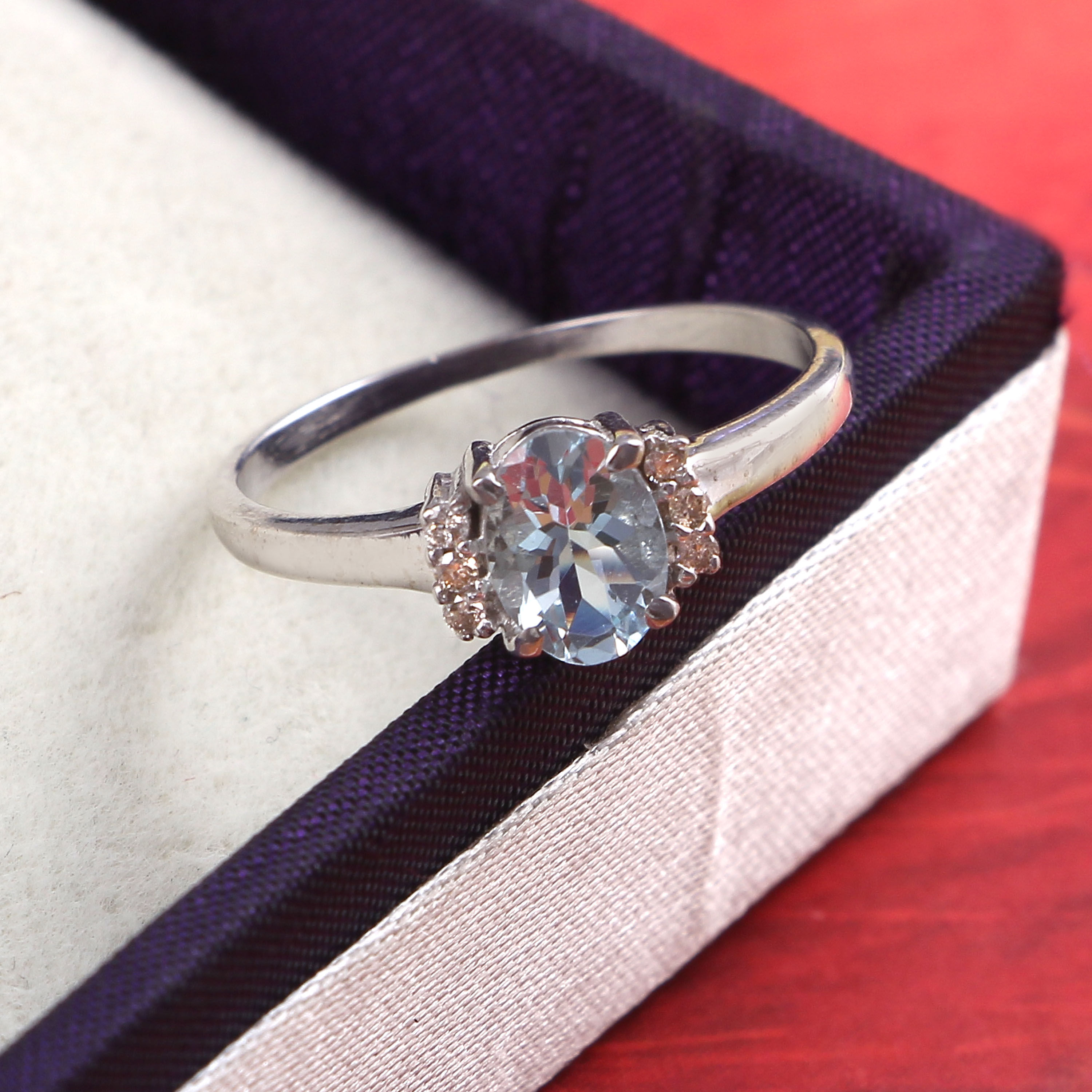 925 Sterling Silver Three Diamond Aquamarine Classic Ring