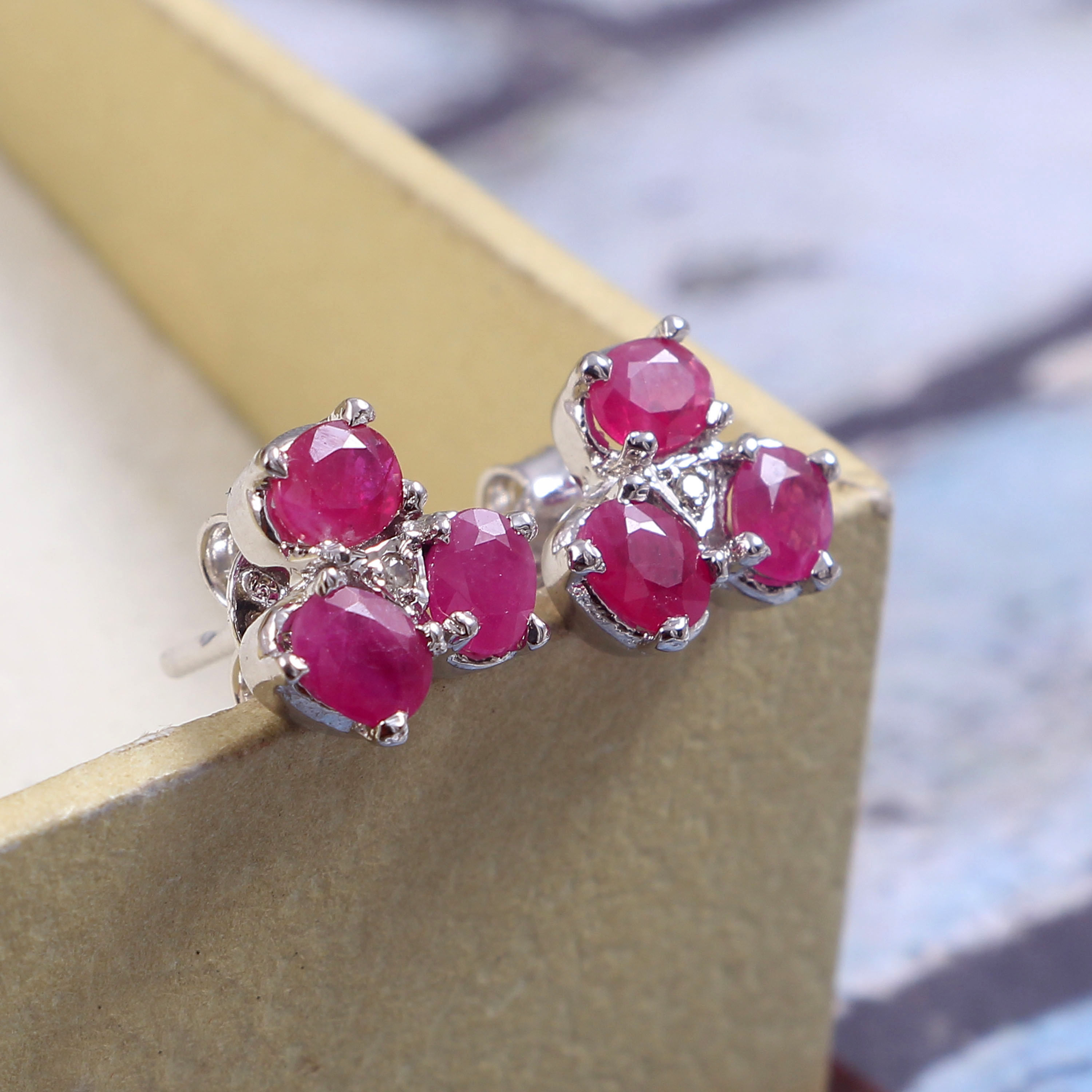 925 Sterling Silver Clover Earrings Studded With Rubies & Diamonds