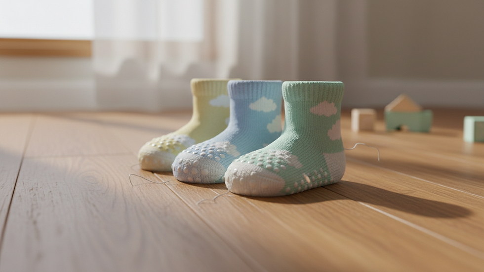 Nahaufnahme von Babysocken mit Anti-Rutsch-Noppen auf Holzboden