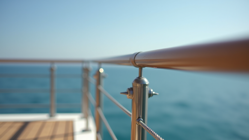 Close-up view of cable railing fittings and tensioners on a deck